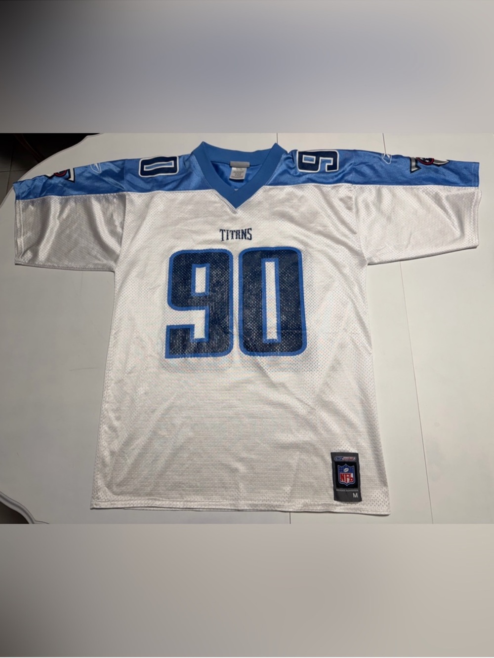 Reebok White and Light Blue Tennessee Titans #90 Football Jersey